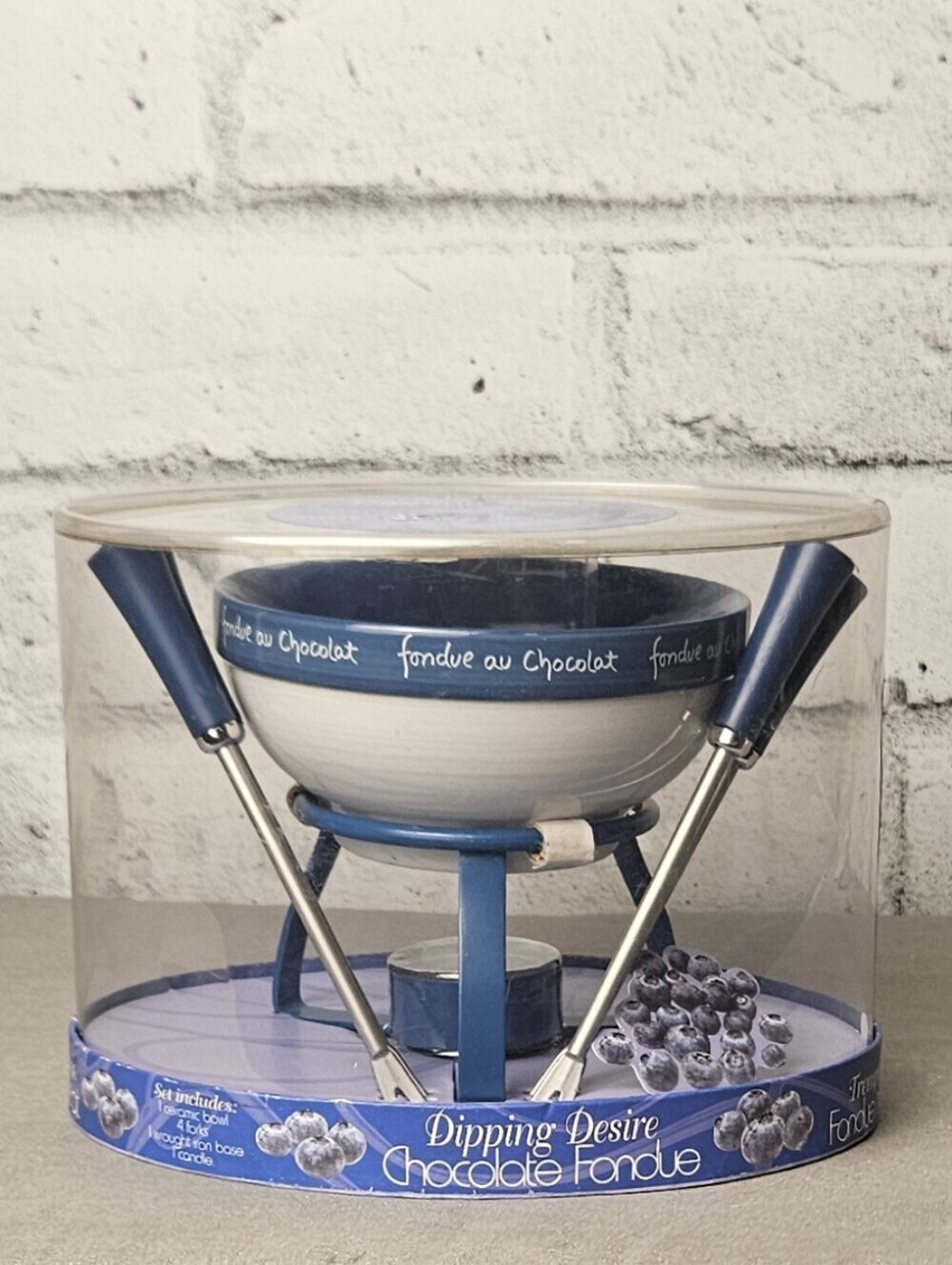 Vintage Jo!e Dipping Desire Chocolate Fondue Set NIB Blue Ceramic Bowl Forks NIB